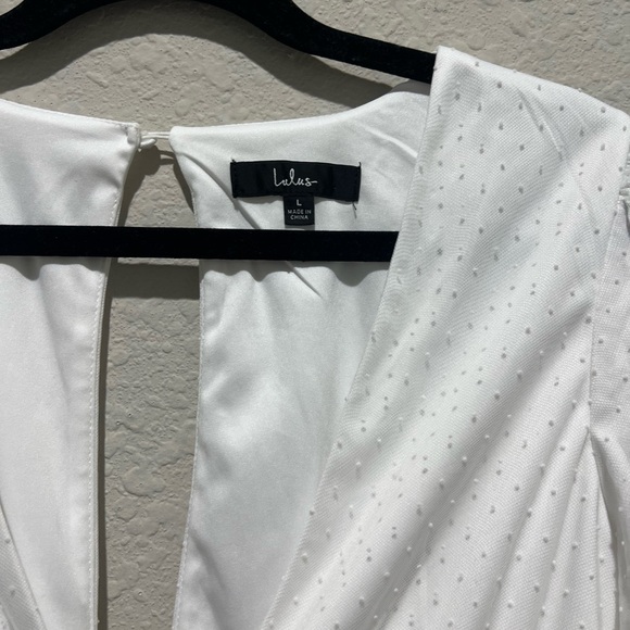 Lulus Dramatic Poise White Dot Tulle Puff Sleeve Tiered Mini Dress Large L - Picture 4 of 9